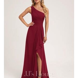 JJs House Burgundy One-Shoulder bridesmaid Gown